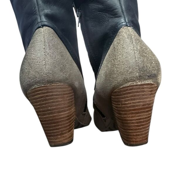 OTBT Mid Calf Mixed Media Boots Taupe Suede Black Leather Block Heel Stacked Hee - Picture 3 of 8